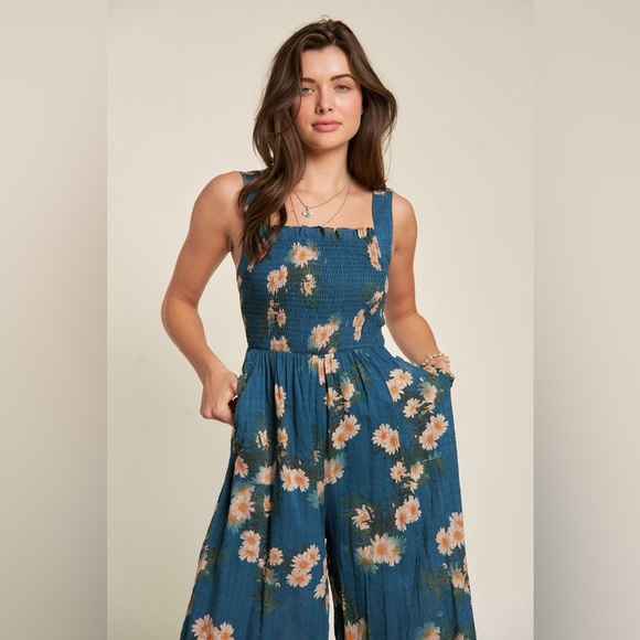 149B. Floral Smocked Bodice Jumpsuit - Teal Blue - Picture 4 of 9